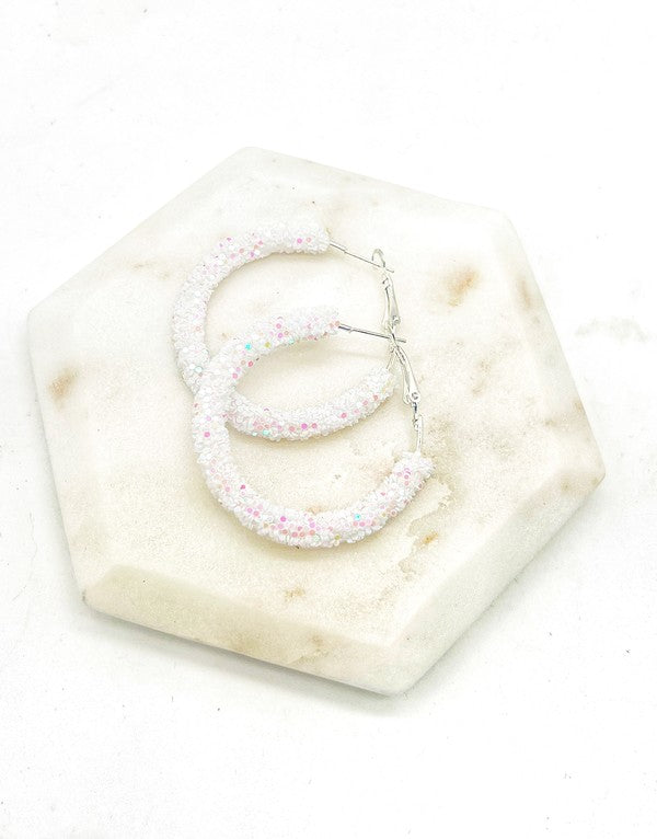White Glitter Hoop Earrings