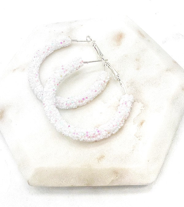 White Glitter Hoop Earrings