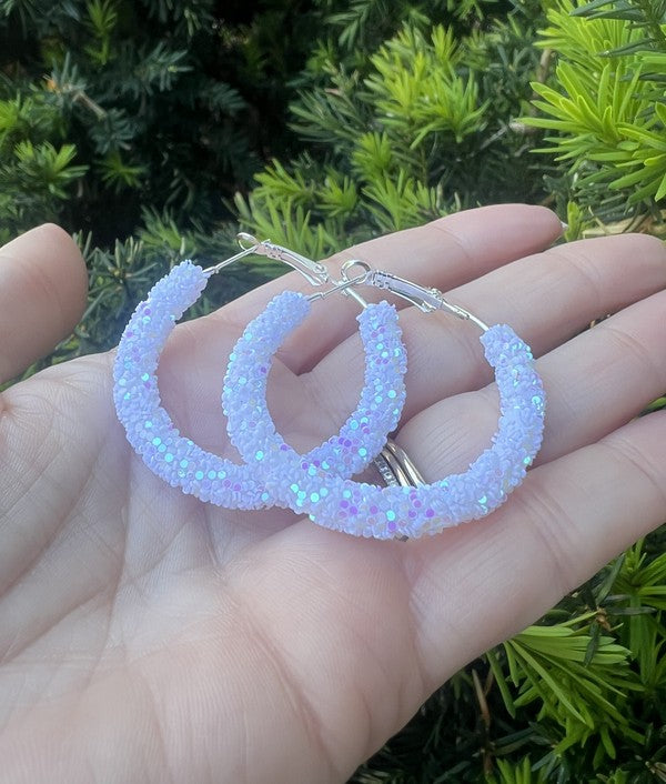 White Glitter Hoop Earrings