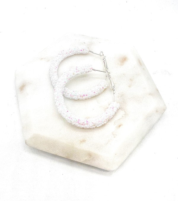 White Glitter Hoop Earrings
