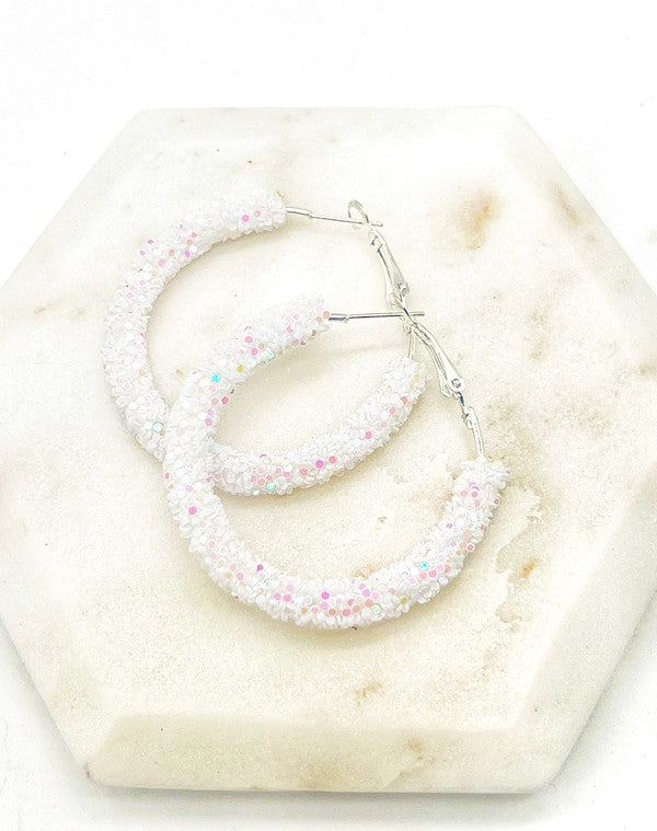 White Glitter Hoop Earrings